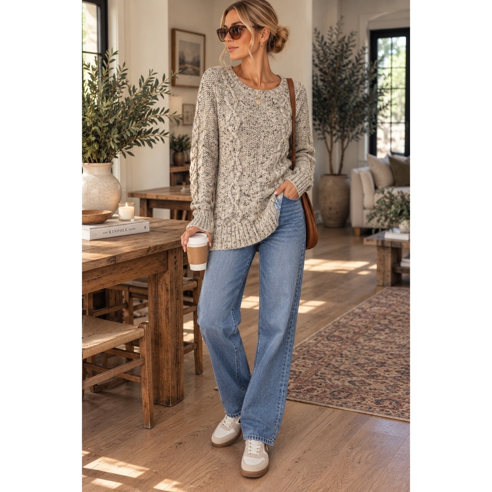 American Eagle Cable Knit Tunic Sweater Cream Gray Marl Chunky Longline Scoop